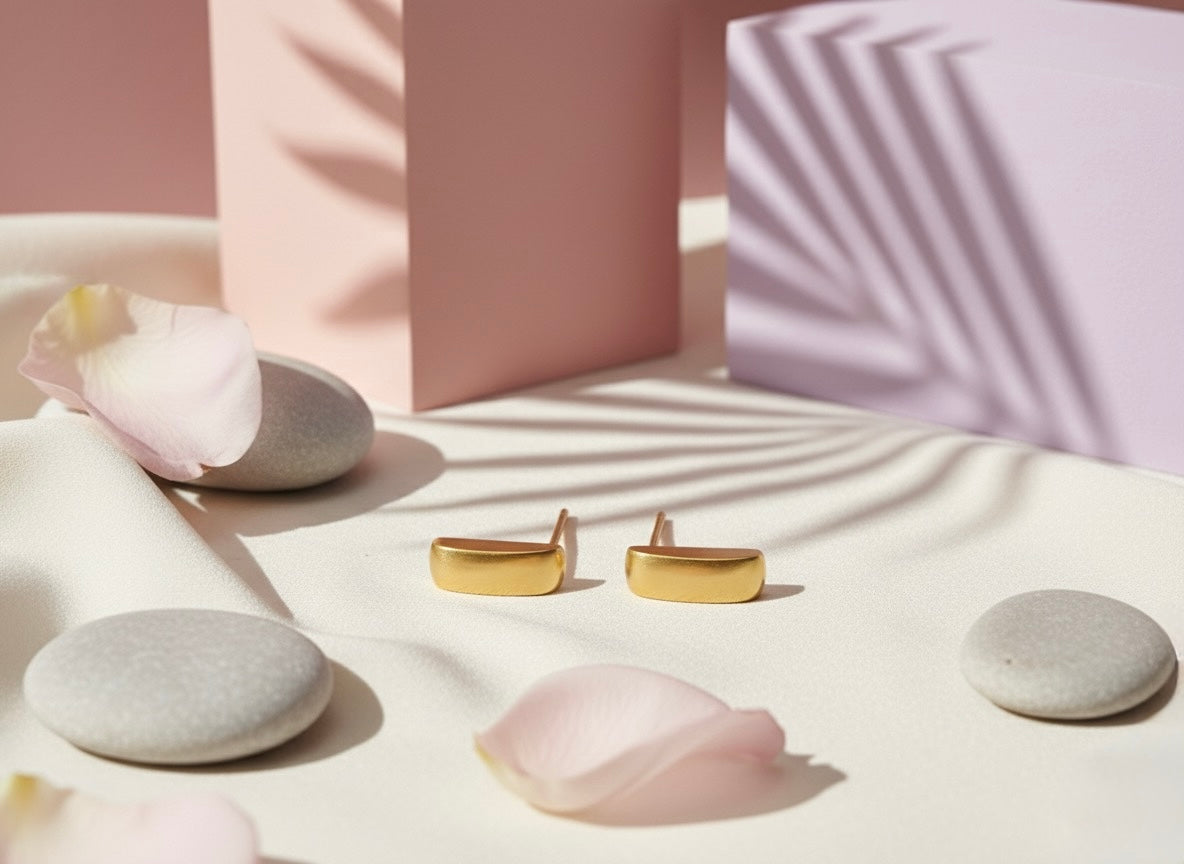 Golden Crescent Brass Studs – Minimalist Half-Moon Earrings for Everyday Elegance 🌙