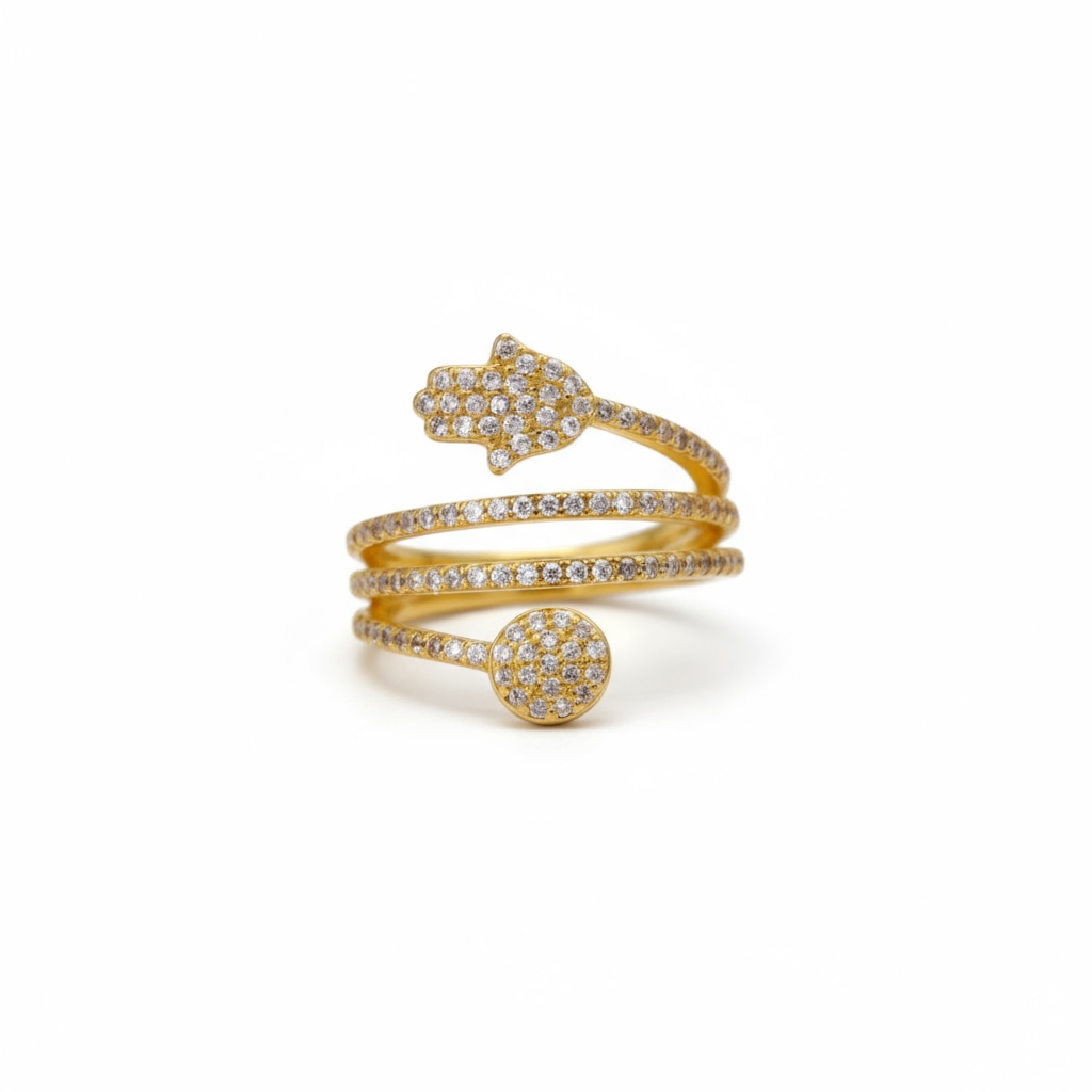 Celestial Hamsa Spiral Brass Ring – Sparkling Guardian of Luck & Light ✨🪬