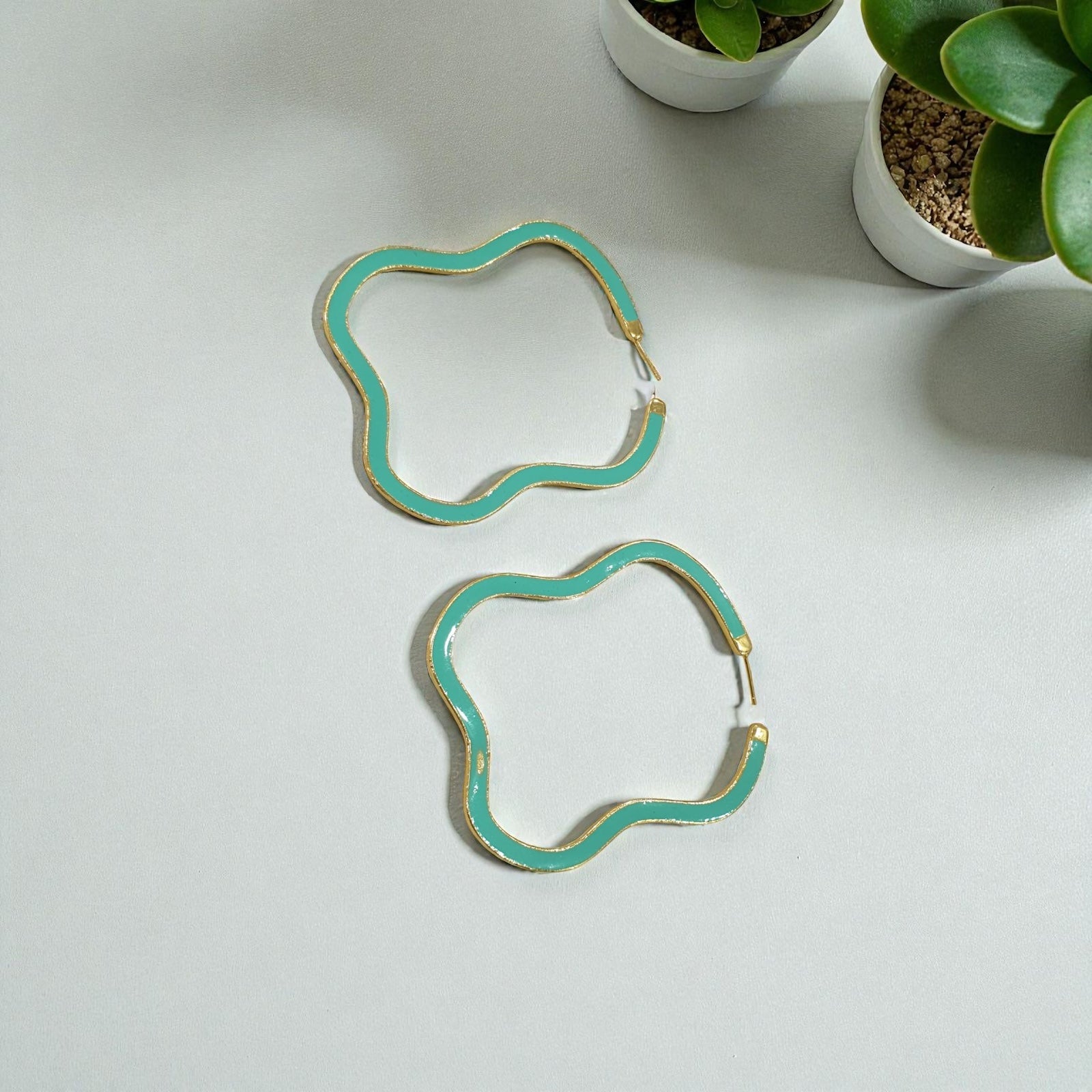 Aqua Wave Brass Hoops – Playful Wavy Enamel Earrings