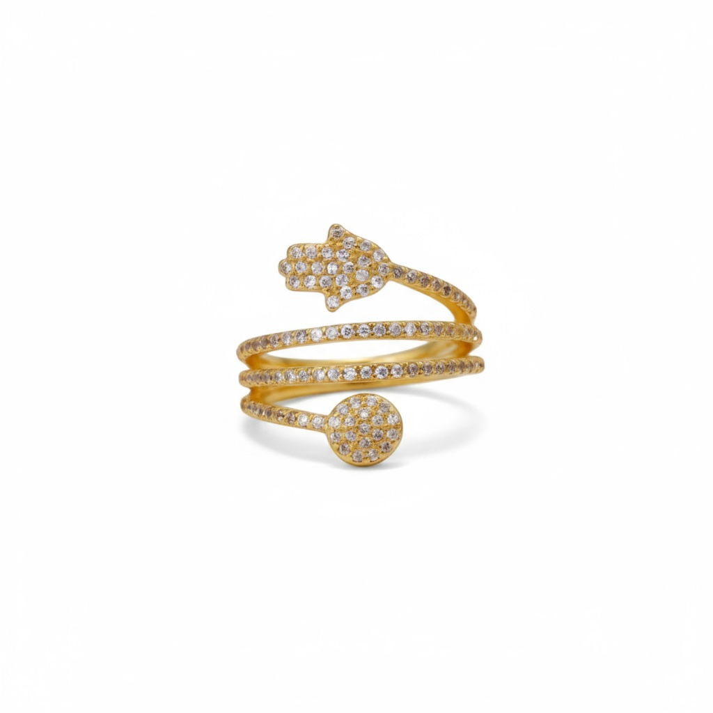 Celestial Hamsa Spiral Brass Ring – Sparkling Guardian of Luck & Light ✨🪬