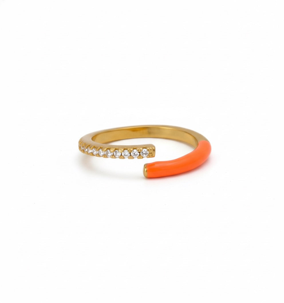 Coral Enamel & Crystal Brass Ring – Modern Open Band Elegance