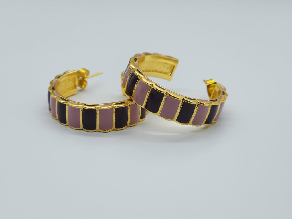 Blush & Plum Enamel Brass Hoops – Handcrafted Dual Tone Gold Earrings