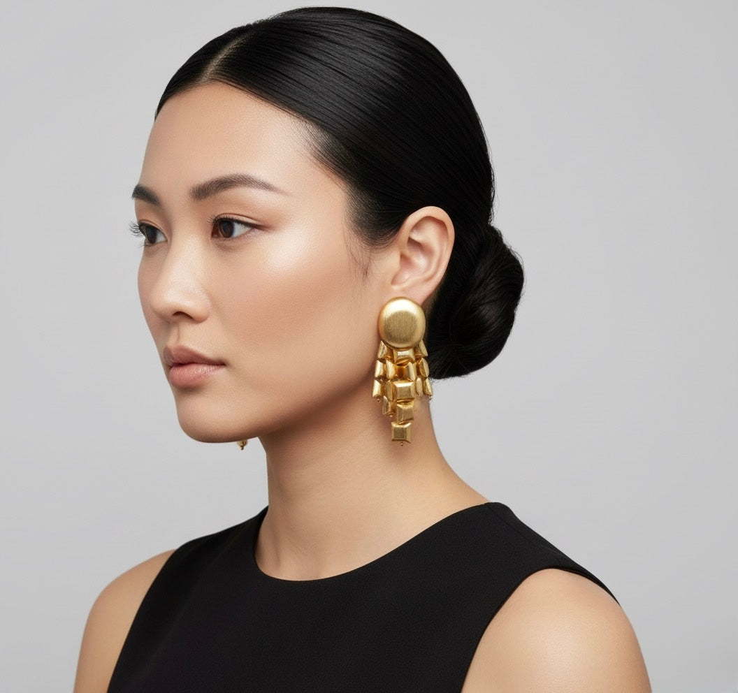 Golden Mosaic Brass Drop Earrings – Artisanal Matte Finish Elegance