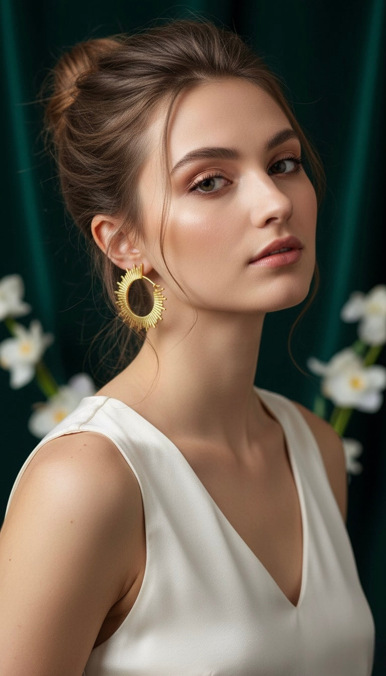 ☀️ Radiant Sunburst Brass Earrings – Statement Hoop Design