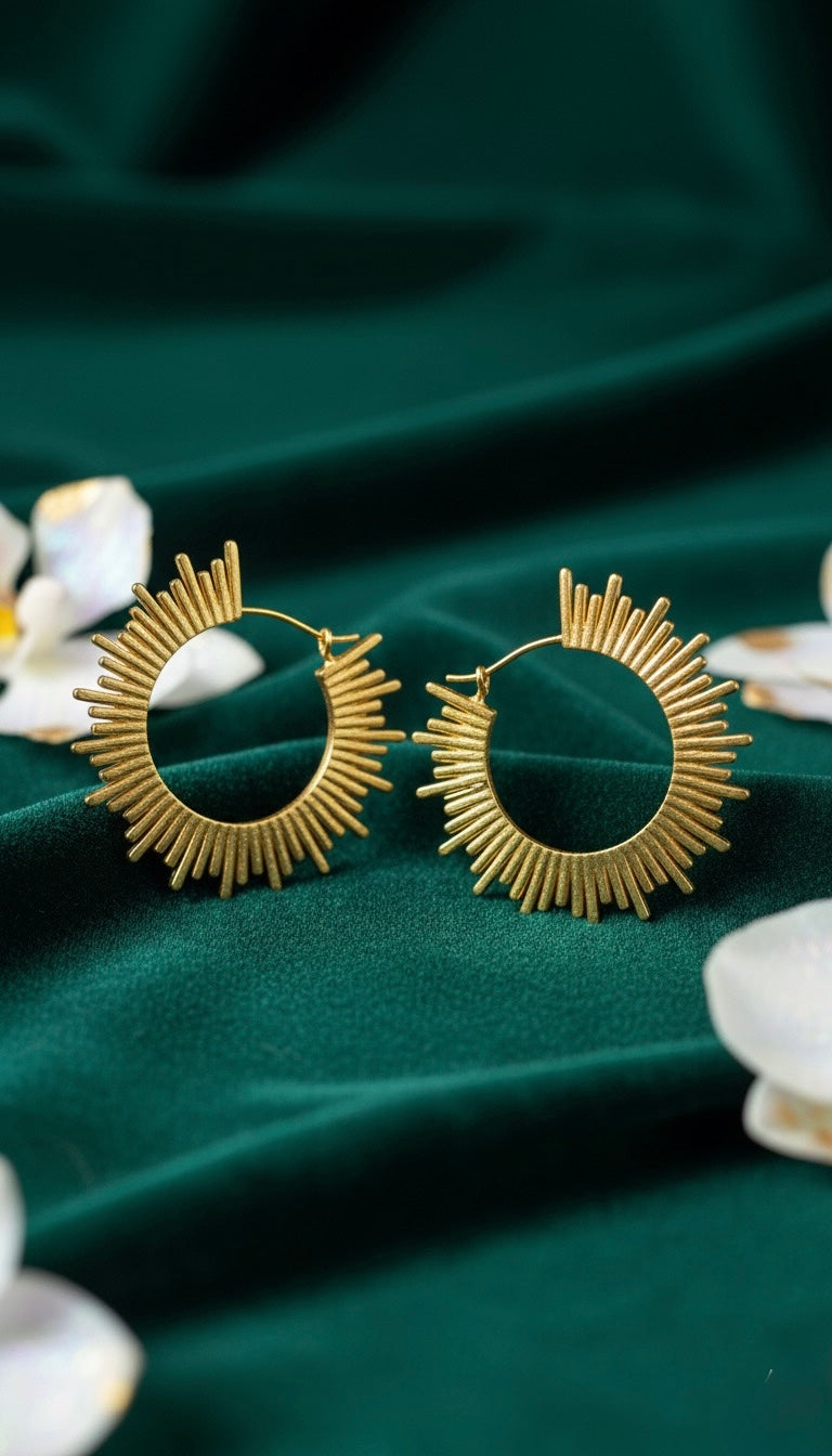 ☀️ Radiant Sunburst Brass Earrings – Statement Hoop Design