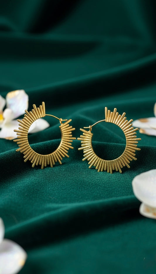 ☀️ Radiant Sunburst Brass Earrings – Statement Hoop Design