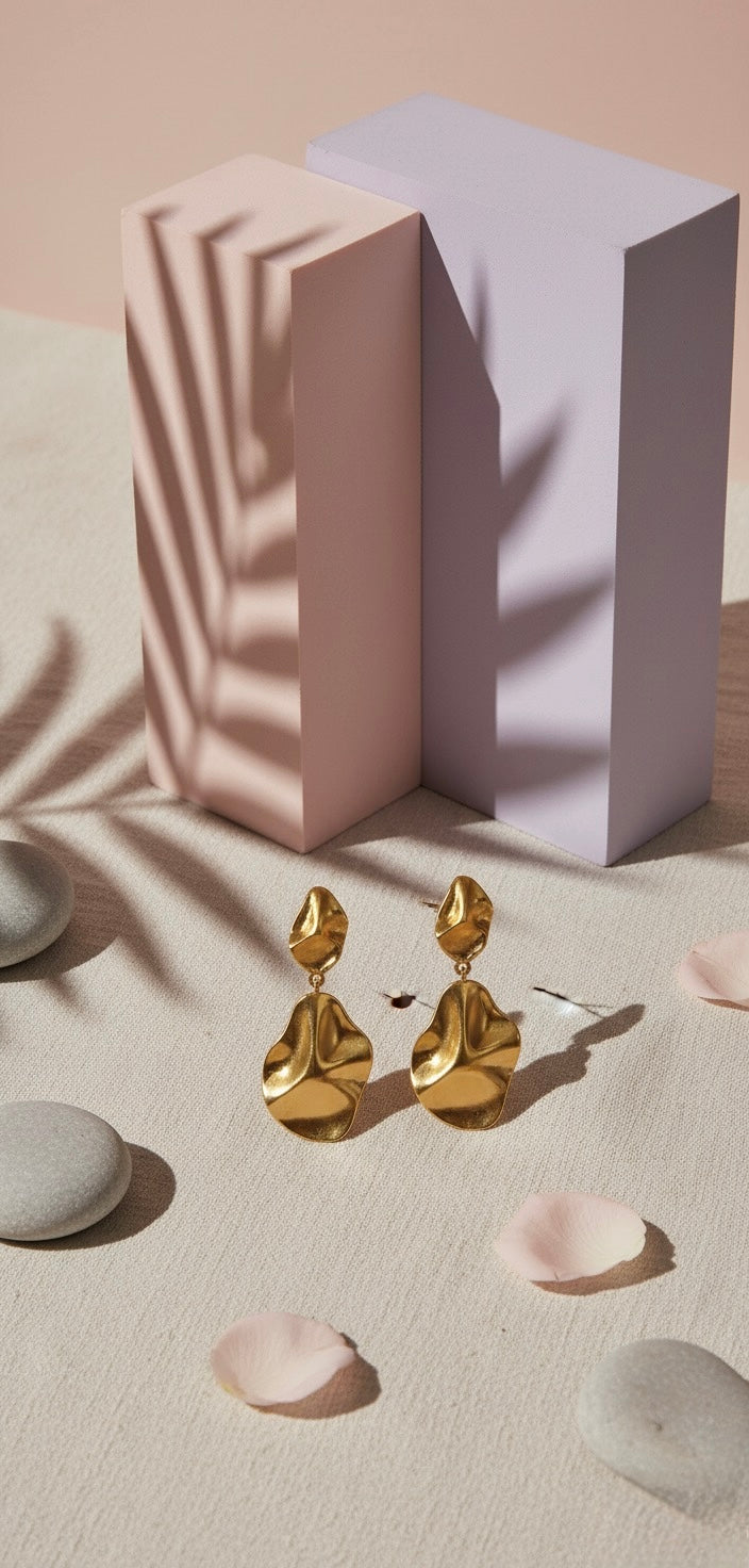 Golden Sculpted Brass Drop Earrings – Organic Artistic Statement