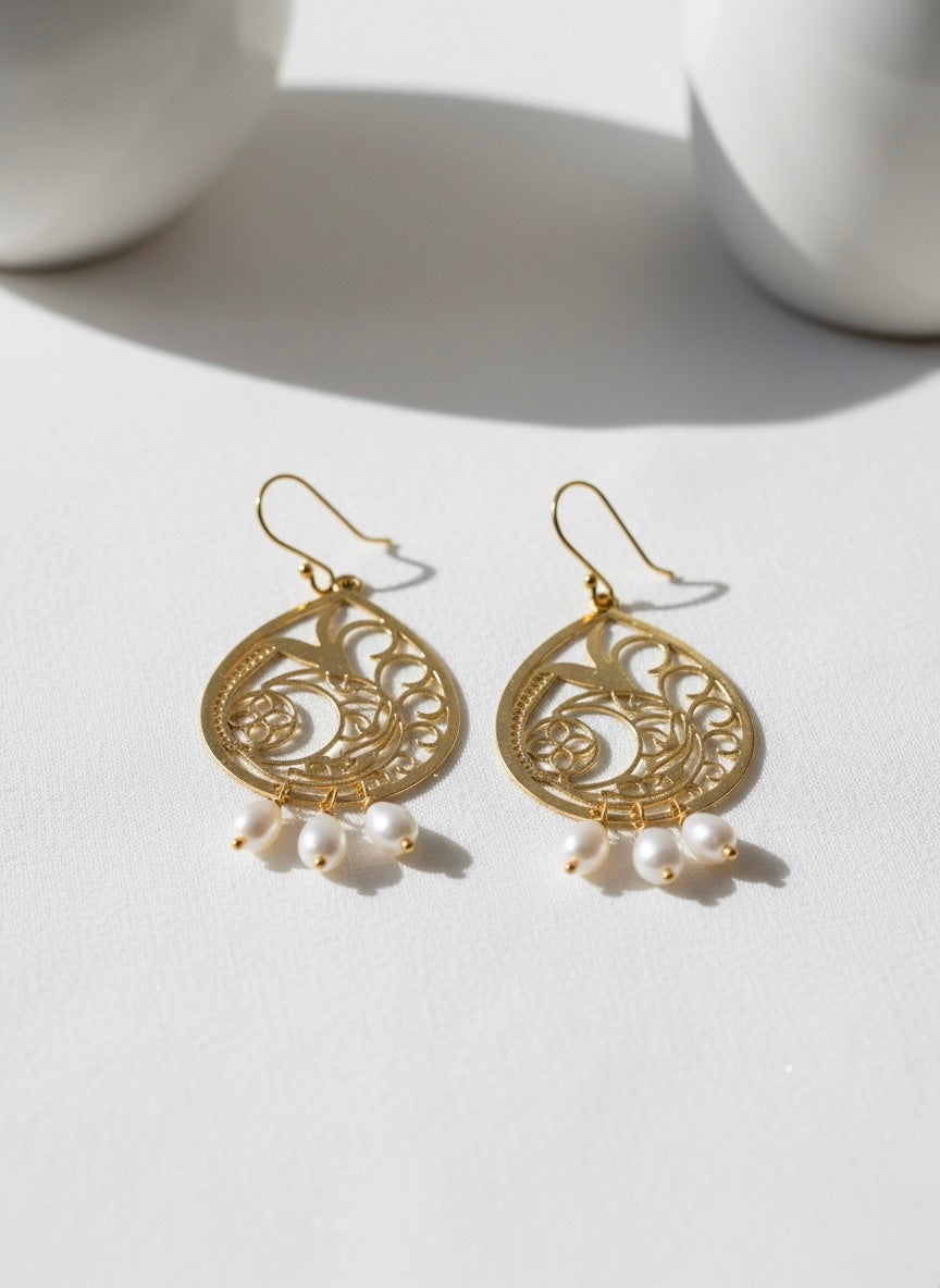 Regal Filigree Brass Earrings – Teardrop Design with Pearl Charms