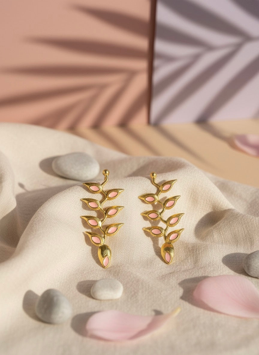 Brass Leaf Vine Earrings with Enamel – Elegant Handmade Statement Jewellery for Women