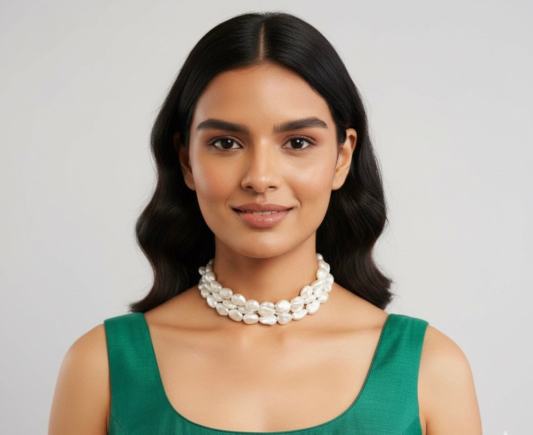 ✨ Brass Pearl Layered Necklace Set – Elegant White Beaded Jewellery for Weddings & Parties