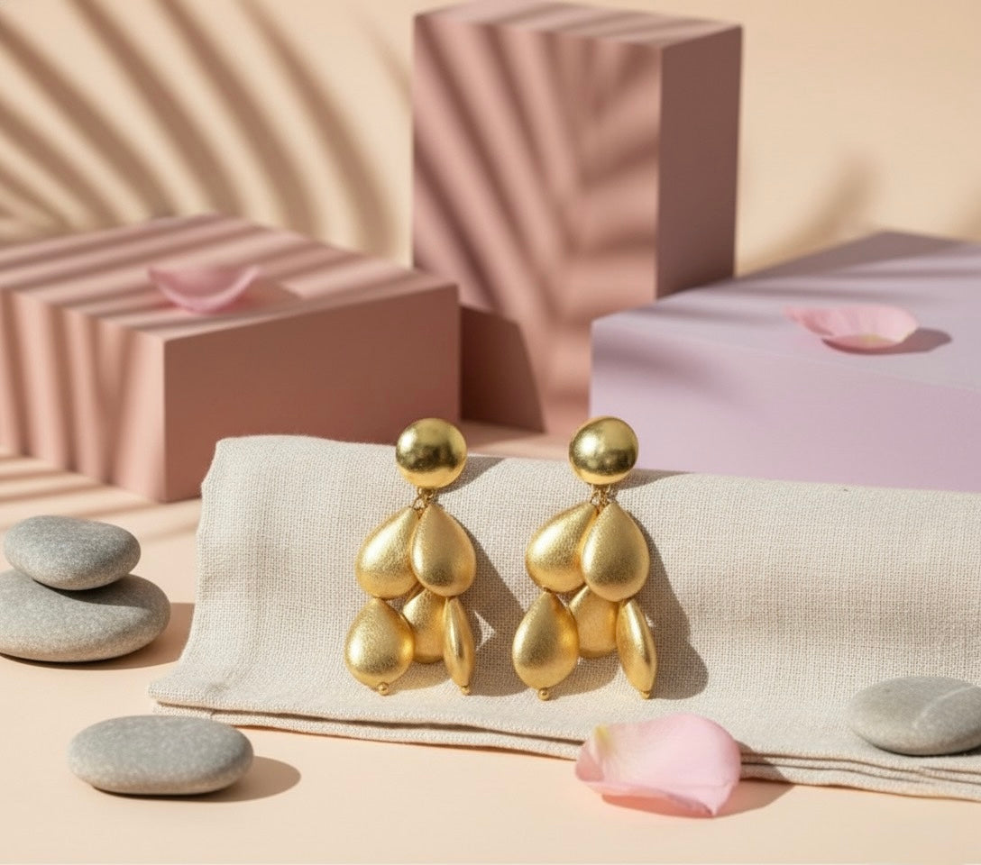 Golden Cascade Brass Drop Earrings – Bold Statement Elegance