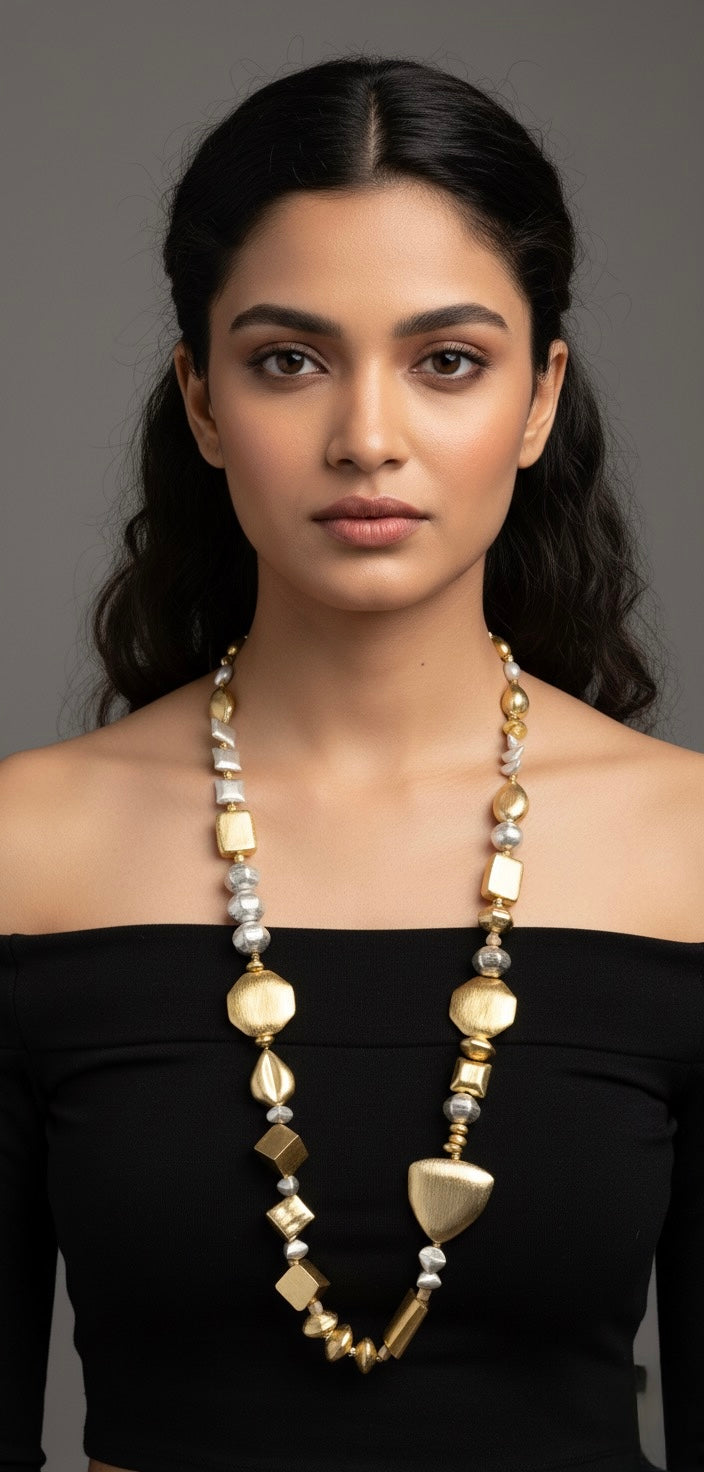 ✨ Geometric Charm Long Brass Necklace – Statement Beaded Jewelry in Gold & Silver