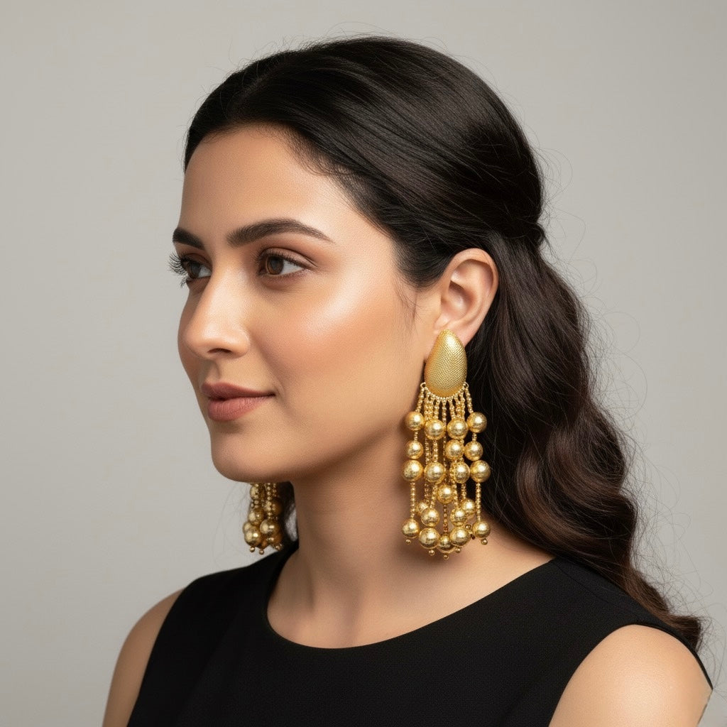 ✨ Golden Cascade Brass Statement Earrings – Bold Handmade Designer Jewellery