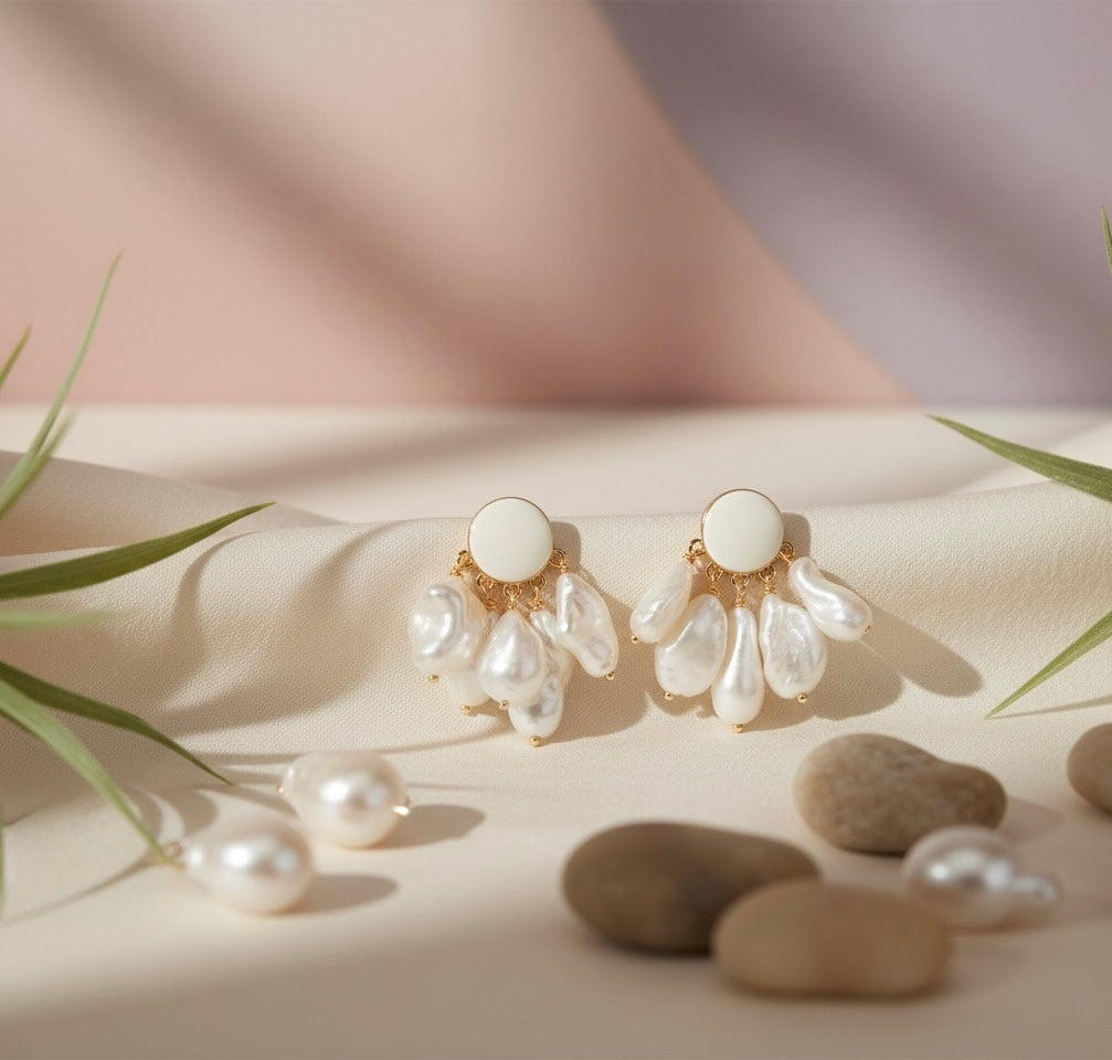 🌸 Statement Pearl Drop Brass Earrings – Elegant Designer Jewellery