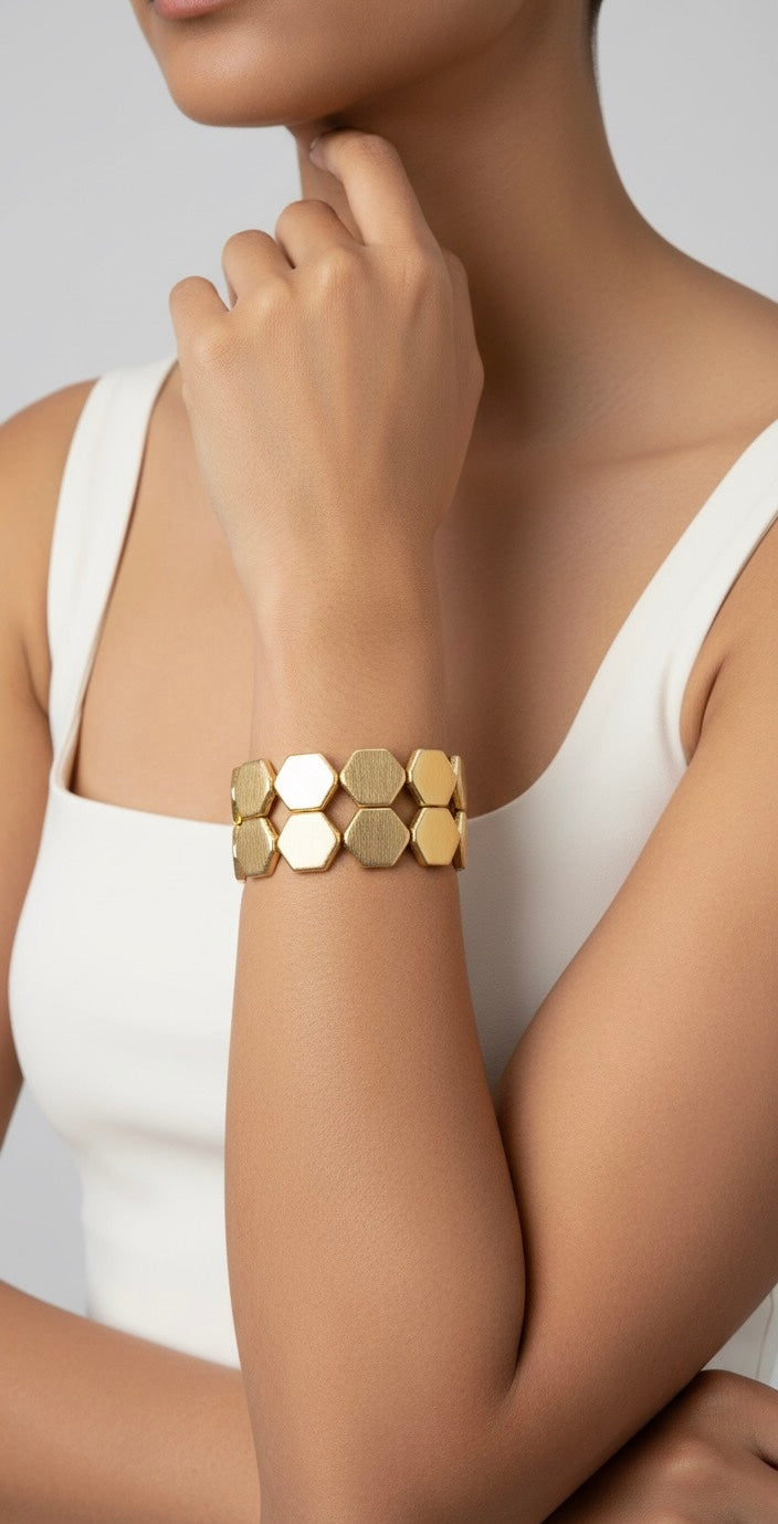 ✨ Hexagon Brass Bracelet – Bold Geometric Gold-Tone Statement Jewellery for Women