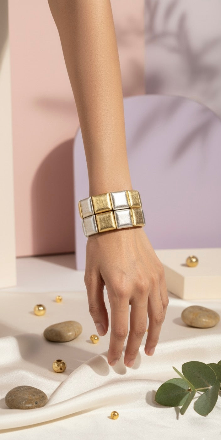 ✨ Mixed Metal Brass Scrunchie Stack Bracelet – Bold & Contemporary Statement Jewellery Stack of 2