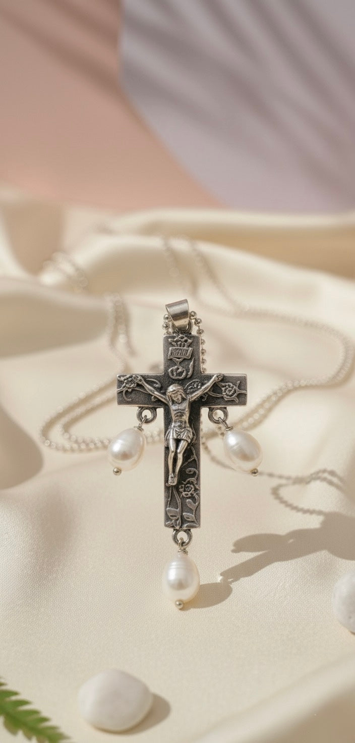 🌟 Antique Silver Brass Cross Pendant with Pearls – Elegant Spiritual Necklace
