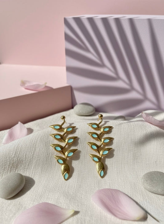Brass Leaf Vine Earrings with Enamel – Elegant Handmade Statement Jewellery for Women