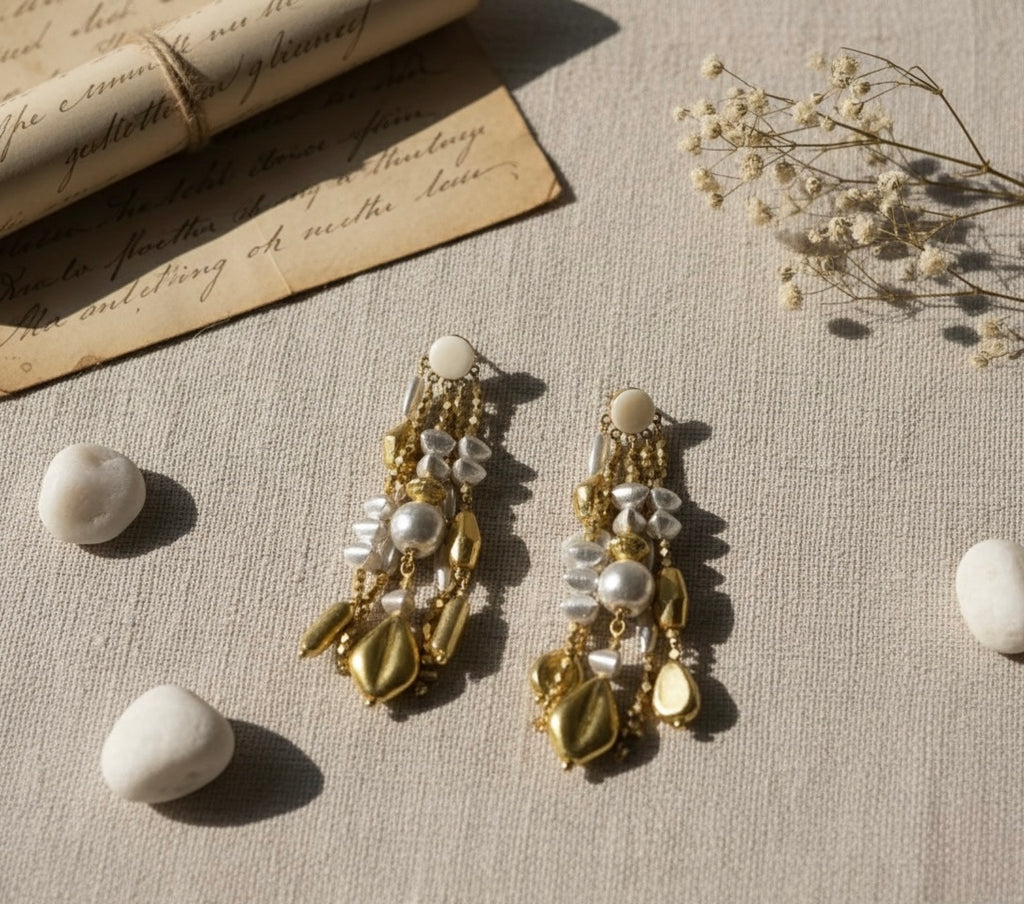 Gilded Cascade Brass Earrings – Pearl & Leaf Statement Dangles
