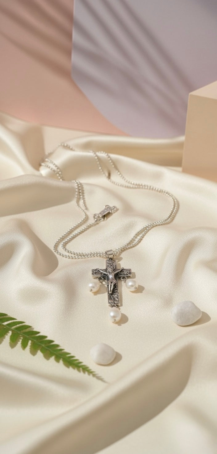 🌟 Antique Silver Brass Cross Pendant with Pearls – Elegant Spiritual Necklace