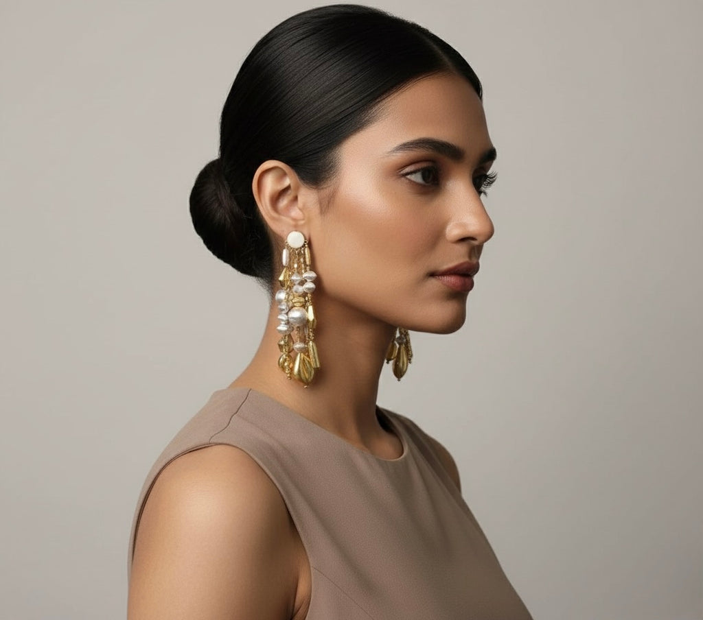 Gilded Cascade Brass Earrings – Pearl & Leaf Statement Dangles