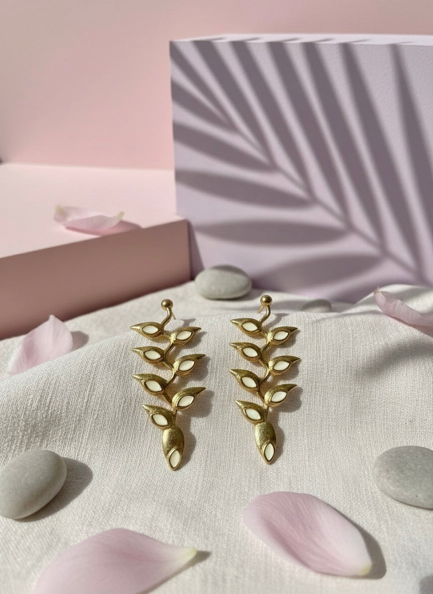 Brass Leaf Vine Earrings with Enamel – Elegant Handmade Statement Jewellery for Women
