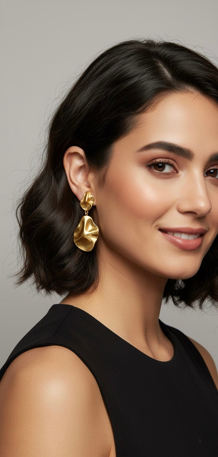 Golden Sculpted Brass Drop Earrings – Organic Artistic Statement