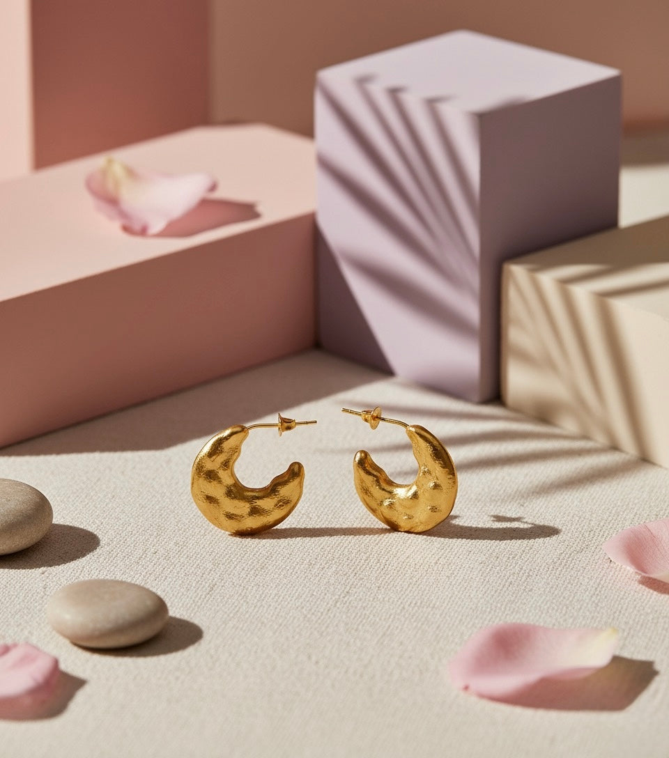 Golden Crescent Brass Hoop Earrings – Textured Moonlight Elegance