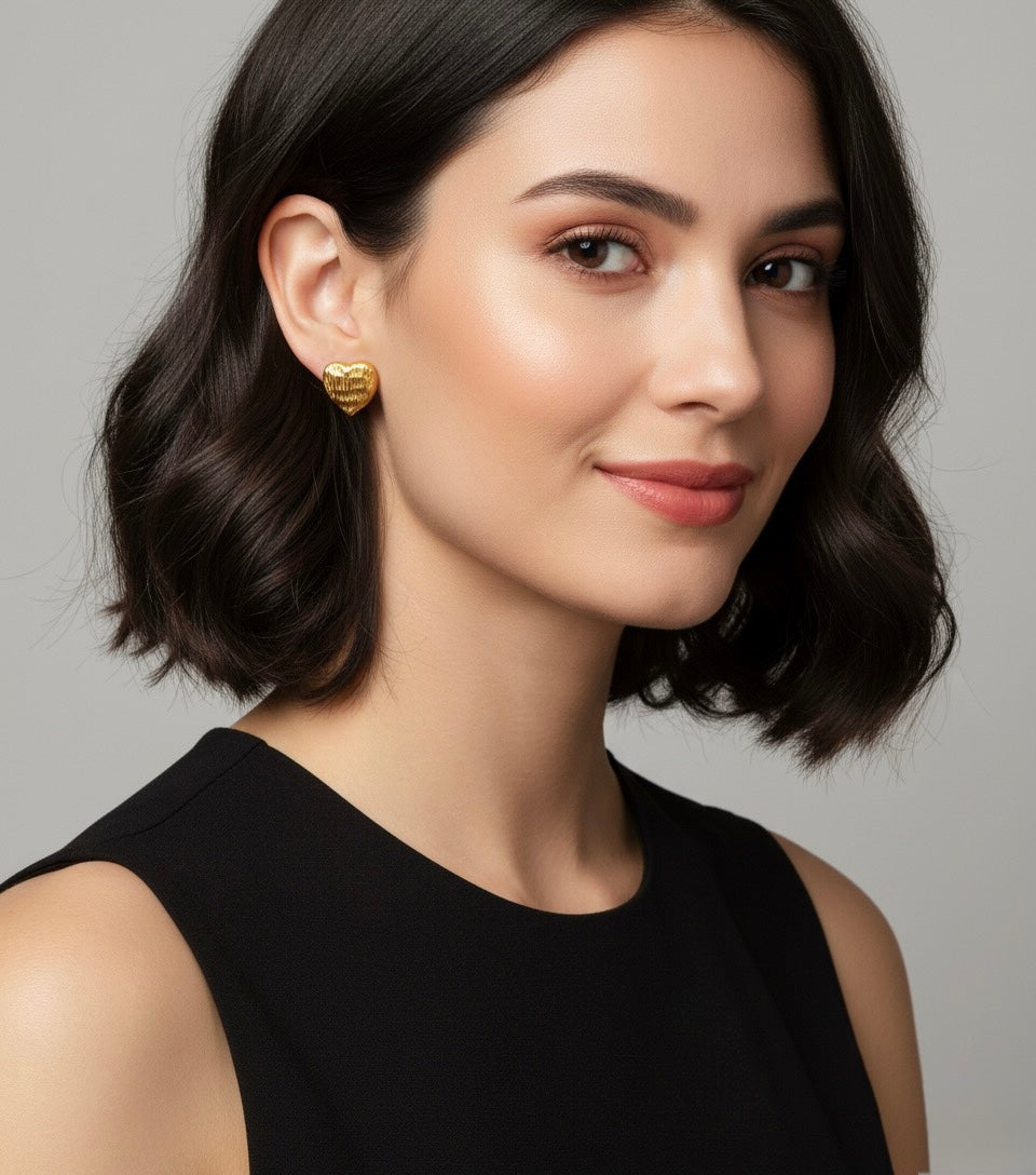 Golden Heart Brass Stud Earrings – Textured Love Minimal Design