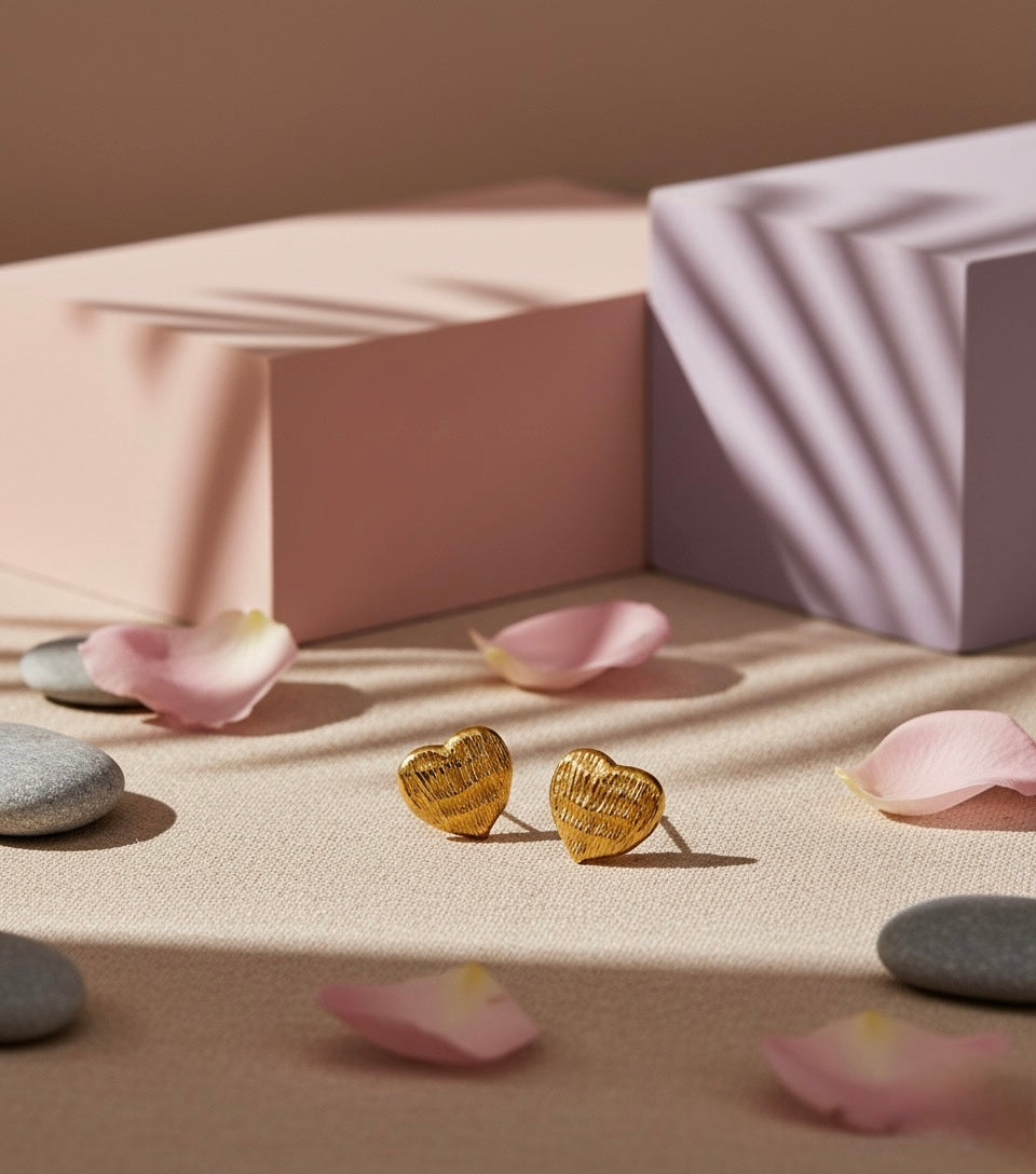 Golden Heart Brass Stud Earrings – Textured Love Minimal Design