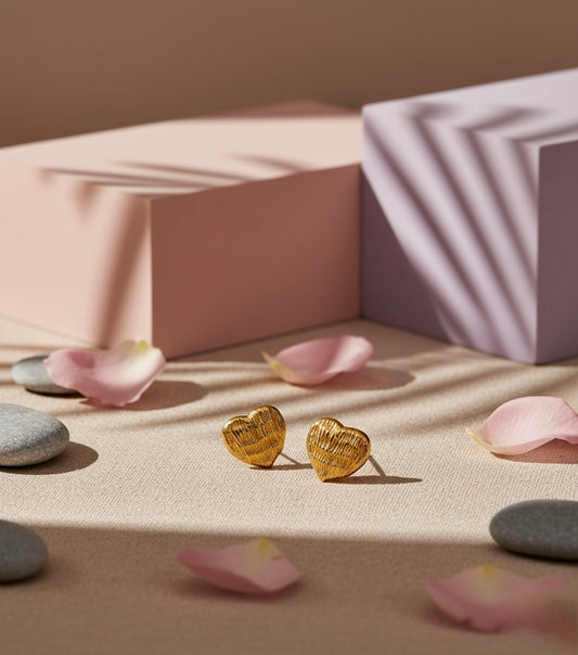 Golden Heart Brass Stud Earrings – Textured Love Minimal Design