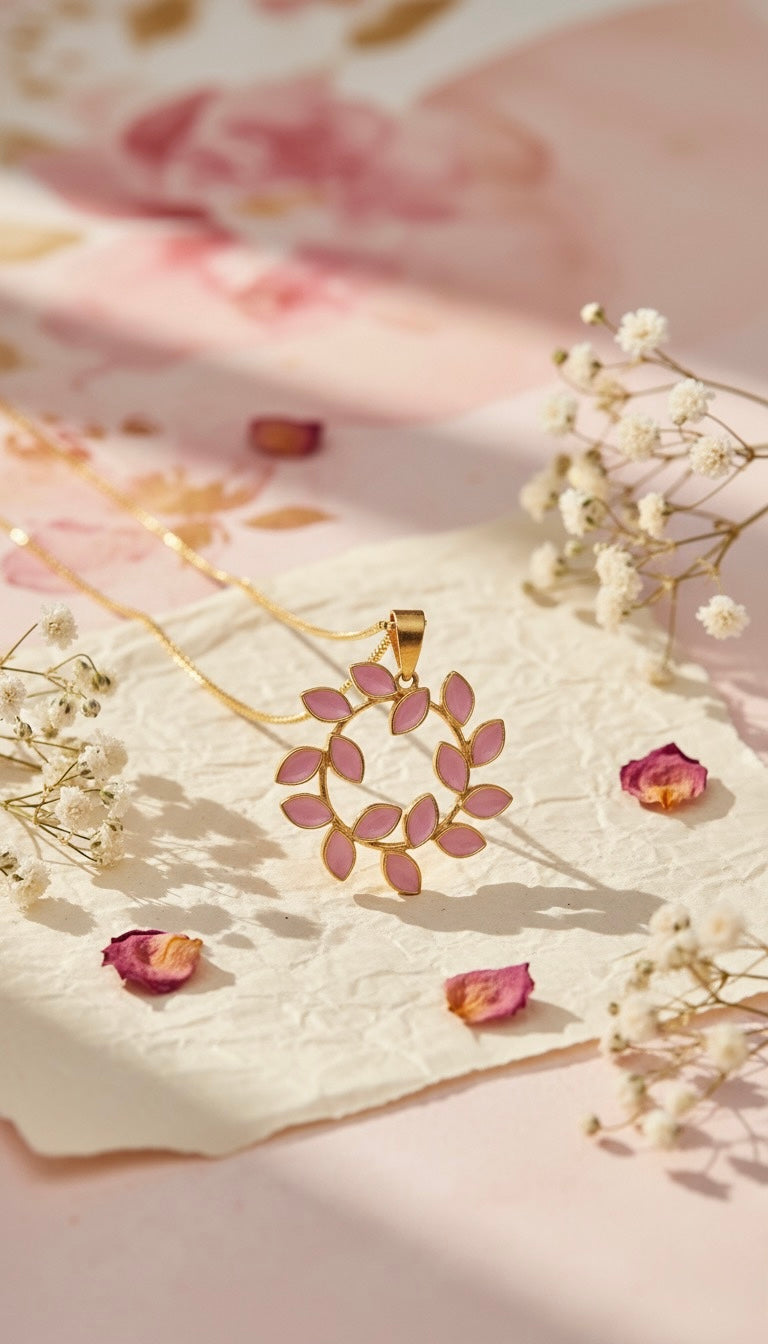 🌸 Pink Blossom Brass Pendant – Elegant Floral Design with Enamel Finish