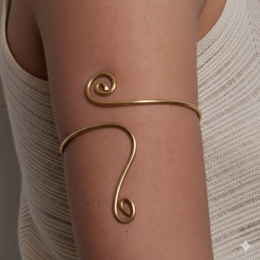 Handcrafted Brass Arm Cuff Bracelet – Adjustable Boho Spiral Statement Jewellery for Women