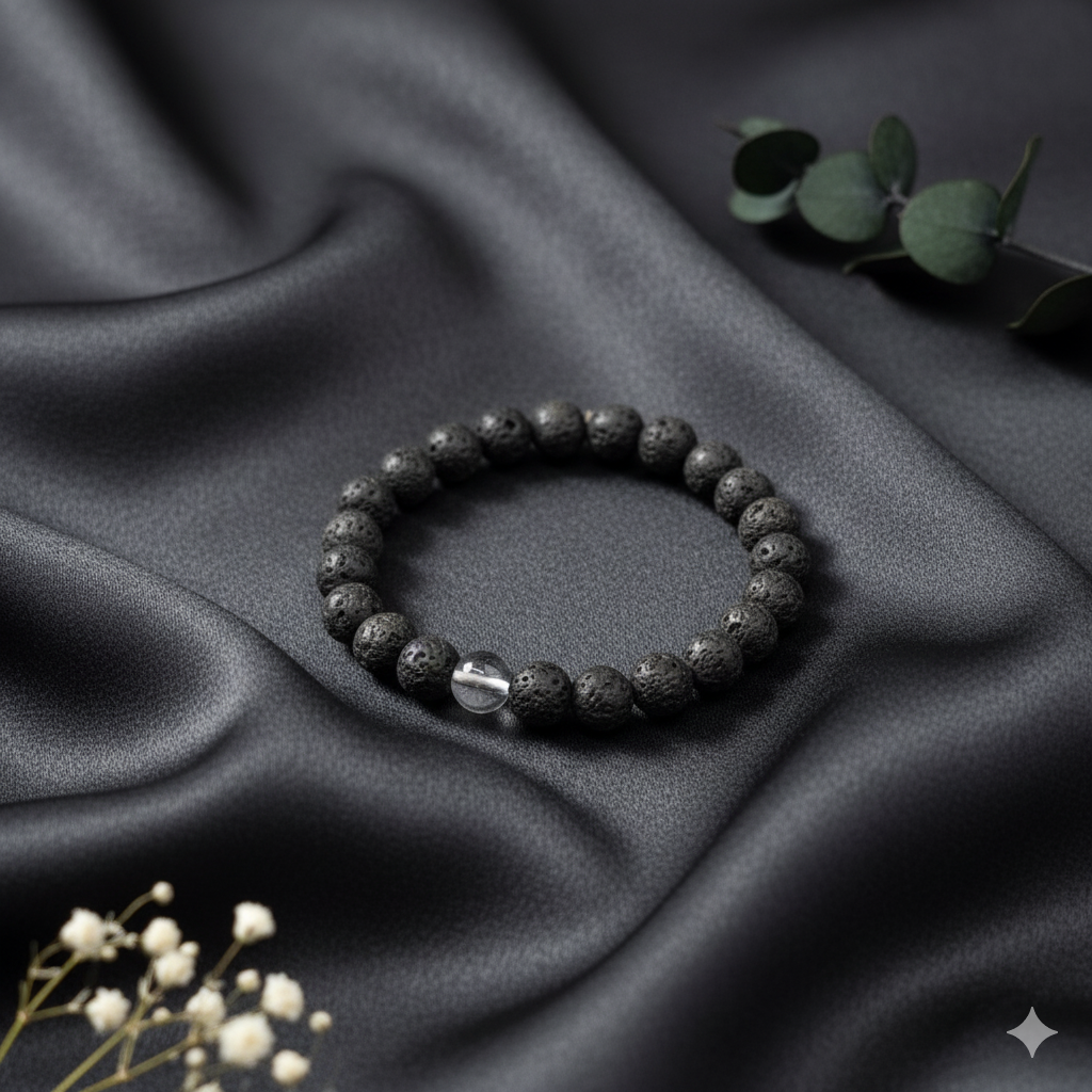 Natural Lava Stone & Clear Quartz Bracelet – Energy, Strength & Healing