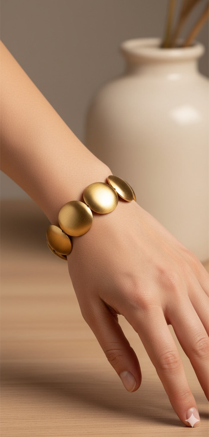 ✨ Golden Brass Disc Bracelet – Minimalist Matte-Finish Statement Jewellery for Women