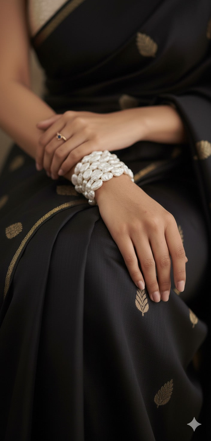 ✨ White Pearl Beaded Brass Bracelet – Elegant Multi-Strand Statement Jewellery for Women
