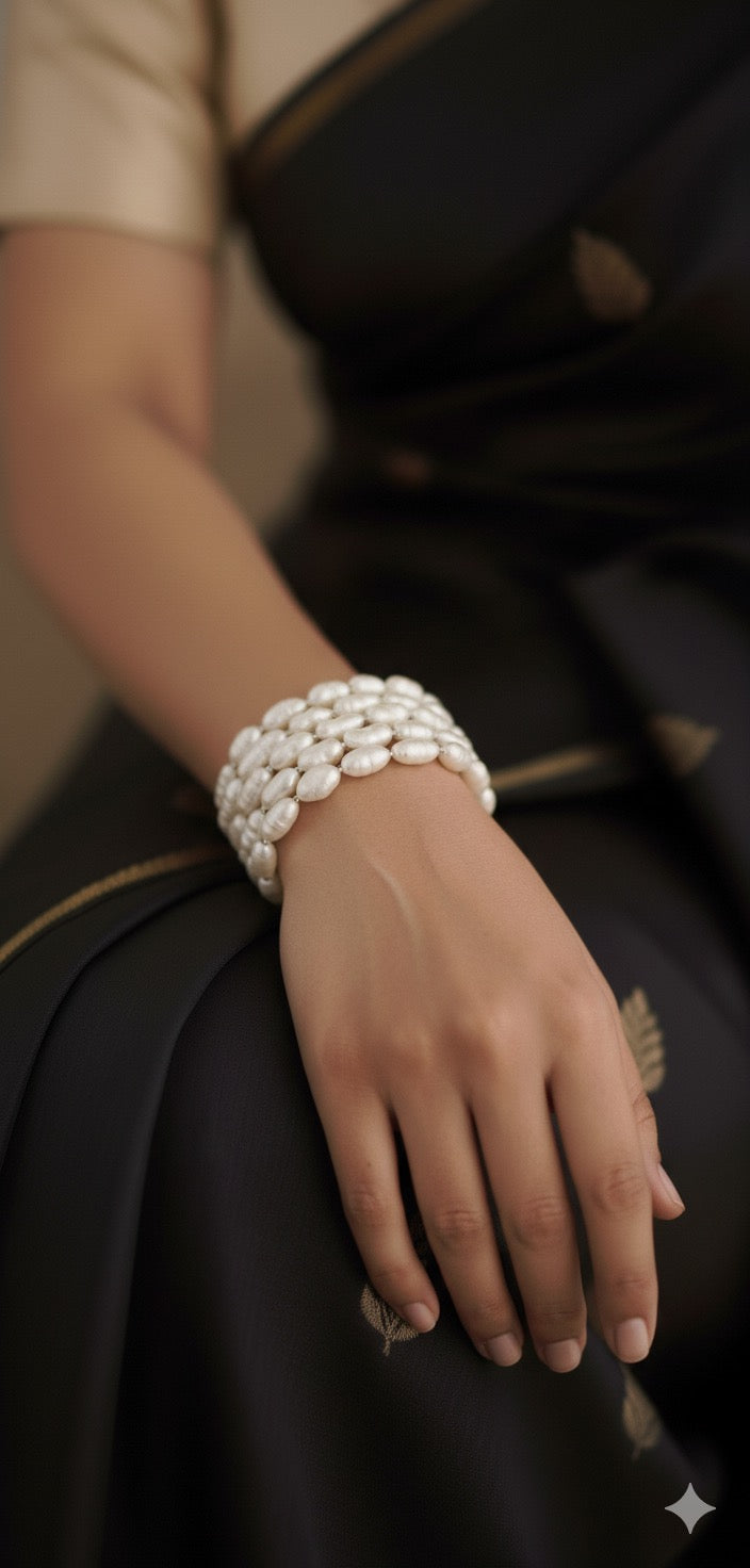 ✨ White Pearl Beaded Brass Bracelet – Elegant Multi-Strand Statement Jewellery for Women