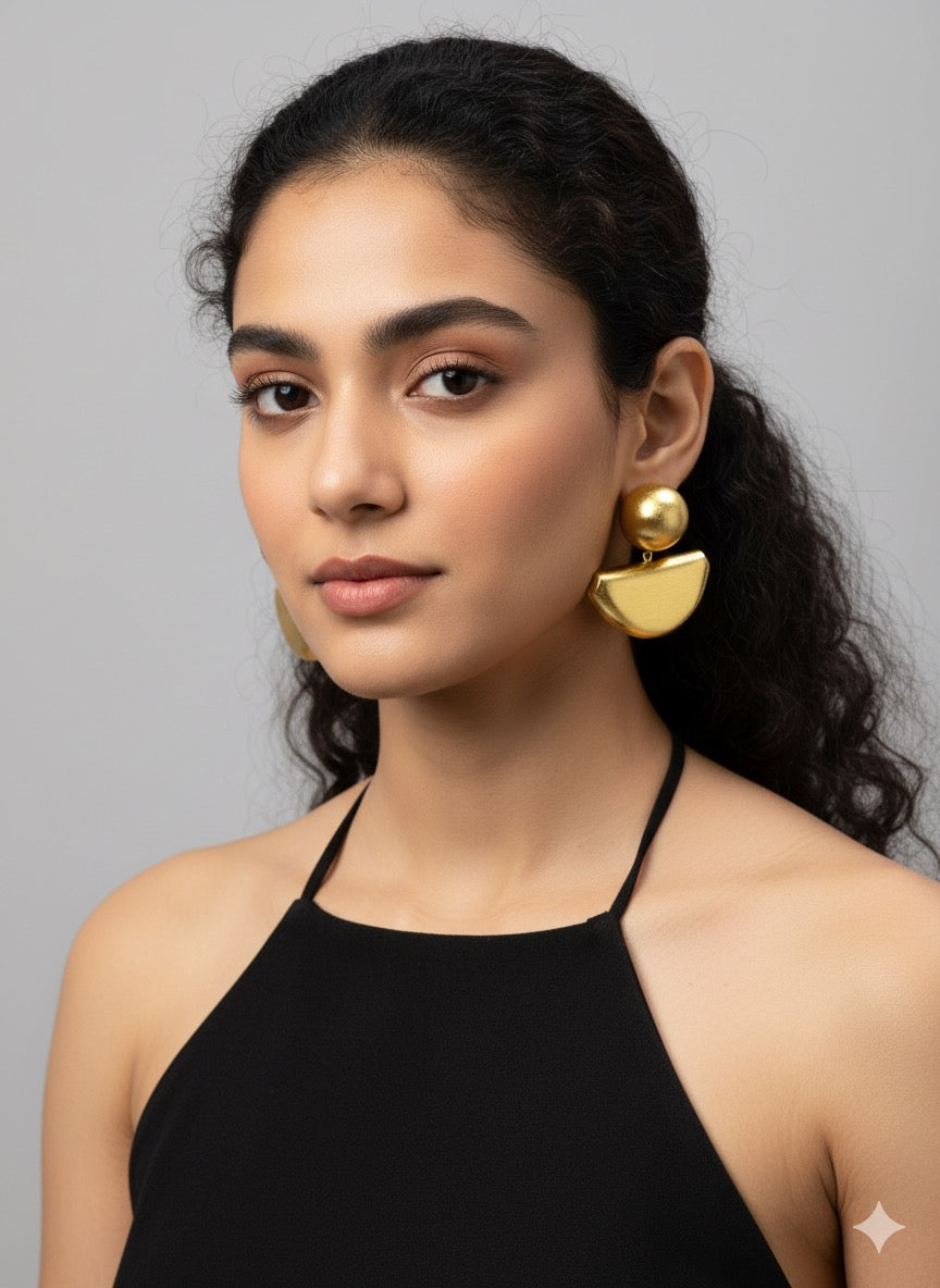✨ Geometric Brass Statement Earrings – Bold Half-Moon & Sphere Modern Design