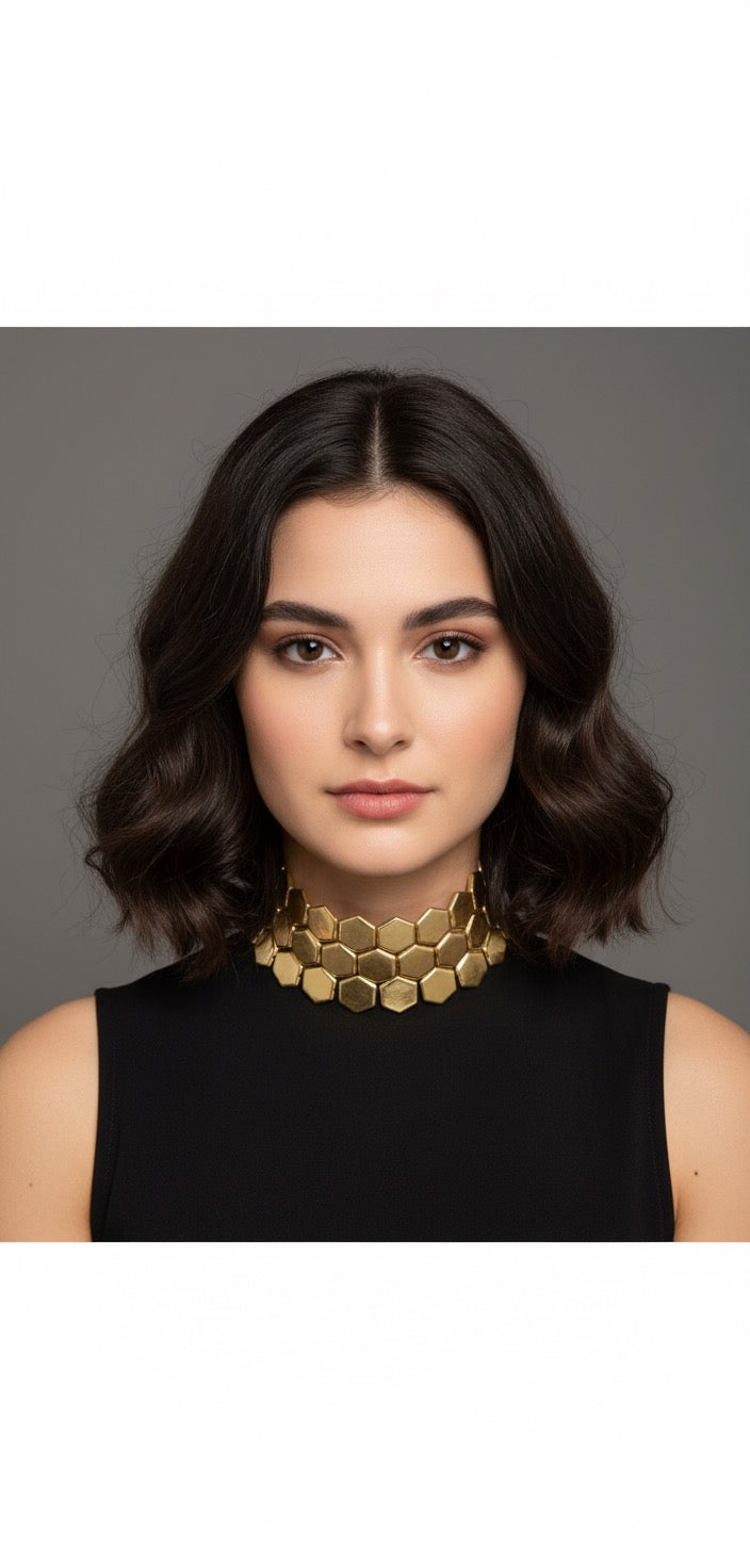 ✨ Honeycomb Elegance Brass Choker – Bold Geometric Statement Necklace