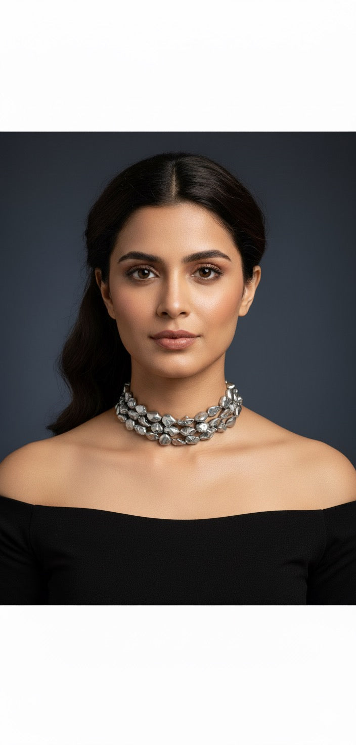 ✨ Metallic Grey Brass Choker – Bold Statement Necklace for Modern Glamour