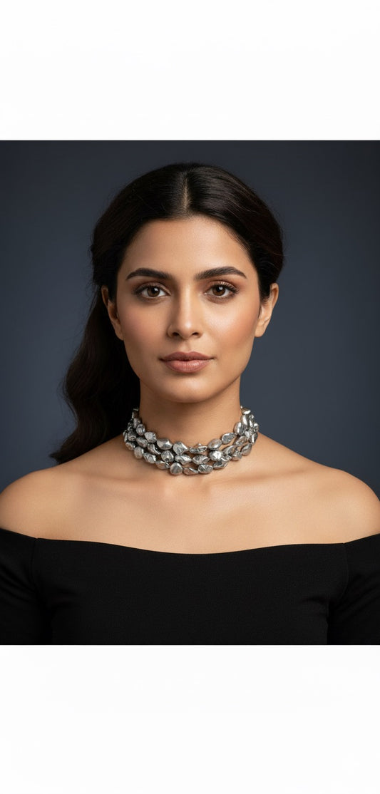 ✨ Metallic Grey Brass Choker – Bold Statement Necklace for Modern Glamour