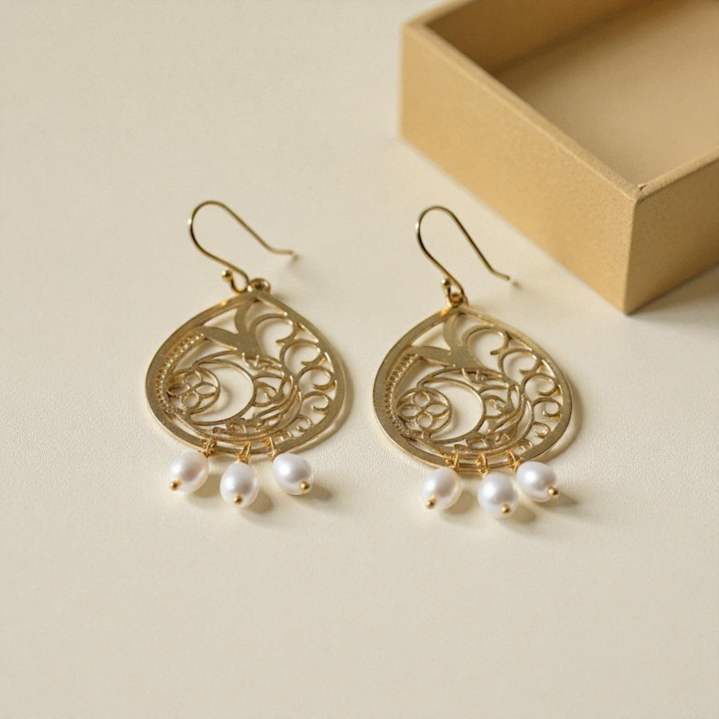 Regal Filigree Brass Earrings – Teardrop Design with Pearl Charms