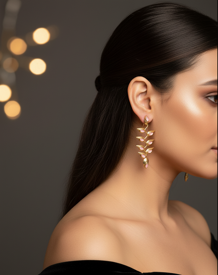 Brass Leaf Vine Earrings with Enamel – Elegant Handmade Statement Jewellery for Women